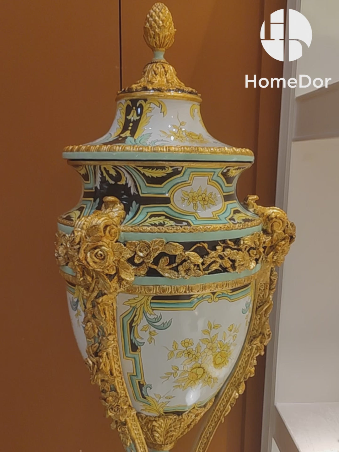 HomeDor Artisan Wood Urn-Shaped Vase with Decorative Pedestal