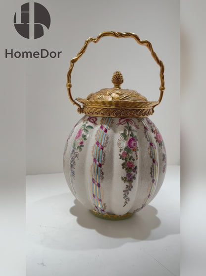 Elegant Floral Porcelain Brass Handled Canister