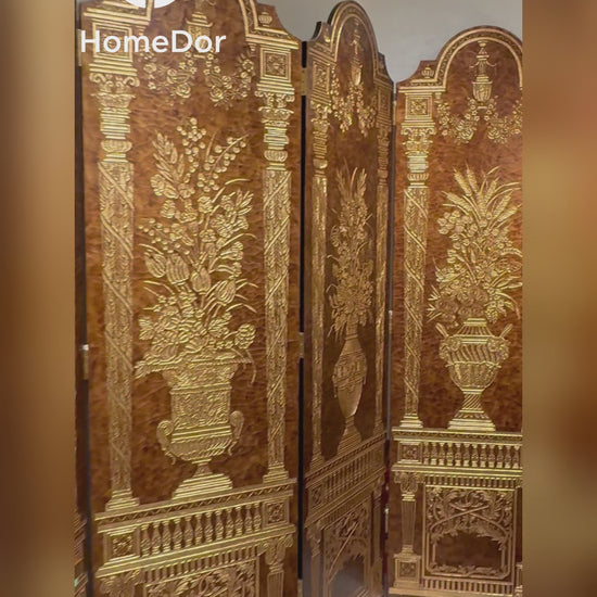 Luxury Brown and Gold Carved Room Divider with Floral Vase Elements