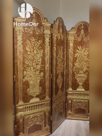 Luxury Brown and Gold Carved Room Divider with Floral Vase Elements