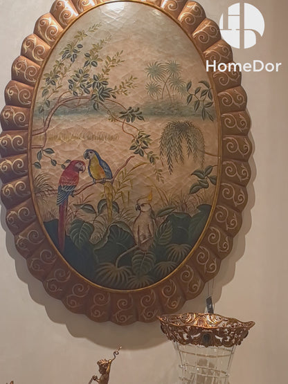 Vintage Style Wood Paneled Wall Decor with Hand Painted Parrots & Gold Scalloped Frame
