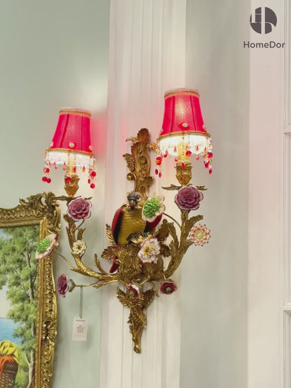 HomeDor Opulent Porcelain Parrot Floral Gilded Red Wall Lamp