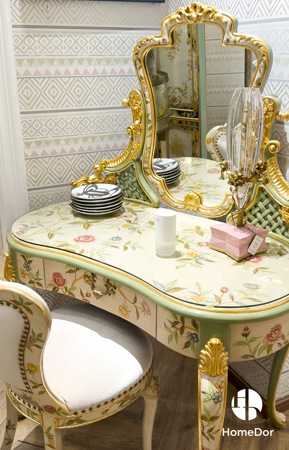 HomeDor Luxury Rococo Hand-Painted Floral Dressing Table with Ornate M