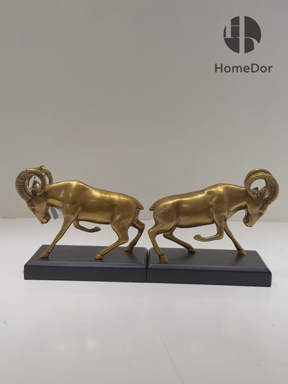 Exquisite Brass Ram Bookend Pair with Black Base