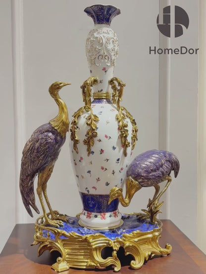HomeDor Ornate Embossed Floral Treasure Vase with Twin Cranes