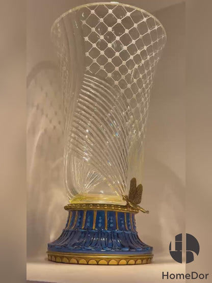 HomeDor × FH&Home | Prague Collection Luxury Geometric-cut Crystal Vase with Blue Porcelain Accents and Gilded Details
