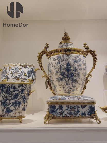 HomeDor Chinoiserie - Juego de decoración dorado con mariposas azules y blancas