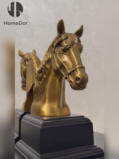 Classic Brass Horse Head Bookend Pair with Black Base