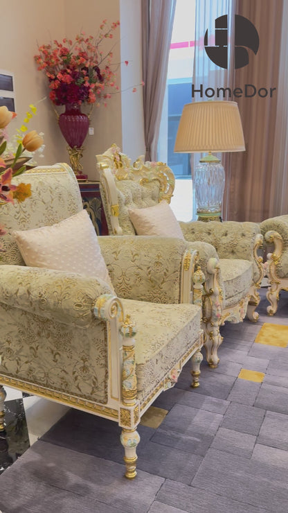 HomeDor × FH&Home | Royal French Rose Artisan Carving Mahogany Fairy Green Sofa Set