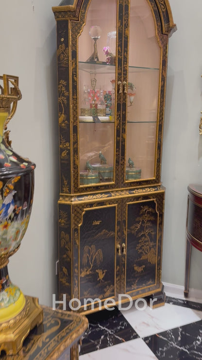 HomeDor × FH&Home | French-Asian Style Arched Glass Display Cabinet with Gold Nature-Inspired Pattern and Crackle Finish