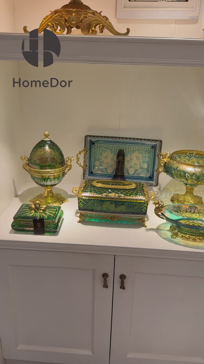 HomeDor × FH&Home | Exquisite Baroque Glass Floral Engravings Copper-cast Table Decor Set