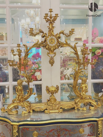 HomeDor Royal Rococo Golden Candelabra Clock Set Collector's Piece