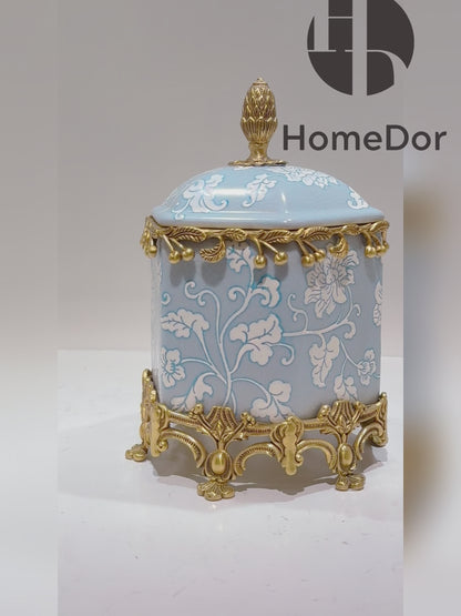 Elegant Pale Blue Blossom Ceramic Brass Decor Jar/Canister