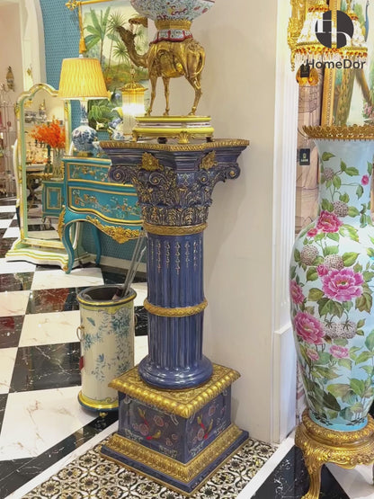 HomeDor Ornate Blue-Gold Accent Roman Column Floral Pedestal