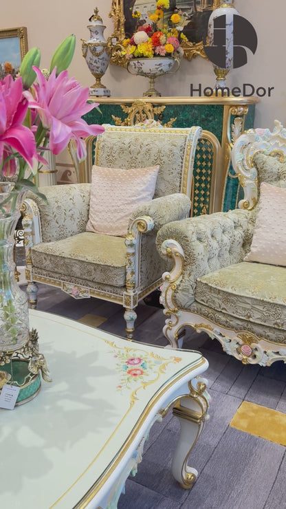 HomeDor × FH&Home | Royal French Rose Artisan Carving Mahogany Fairy Green Sofa Set