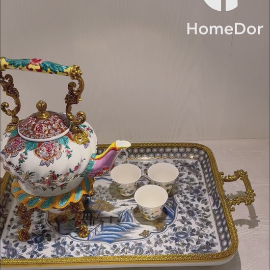 HomeDor × FH&Home |  Hand-Painted Floral Bird Ceramic Tea Set with Brass Accents