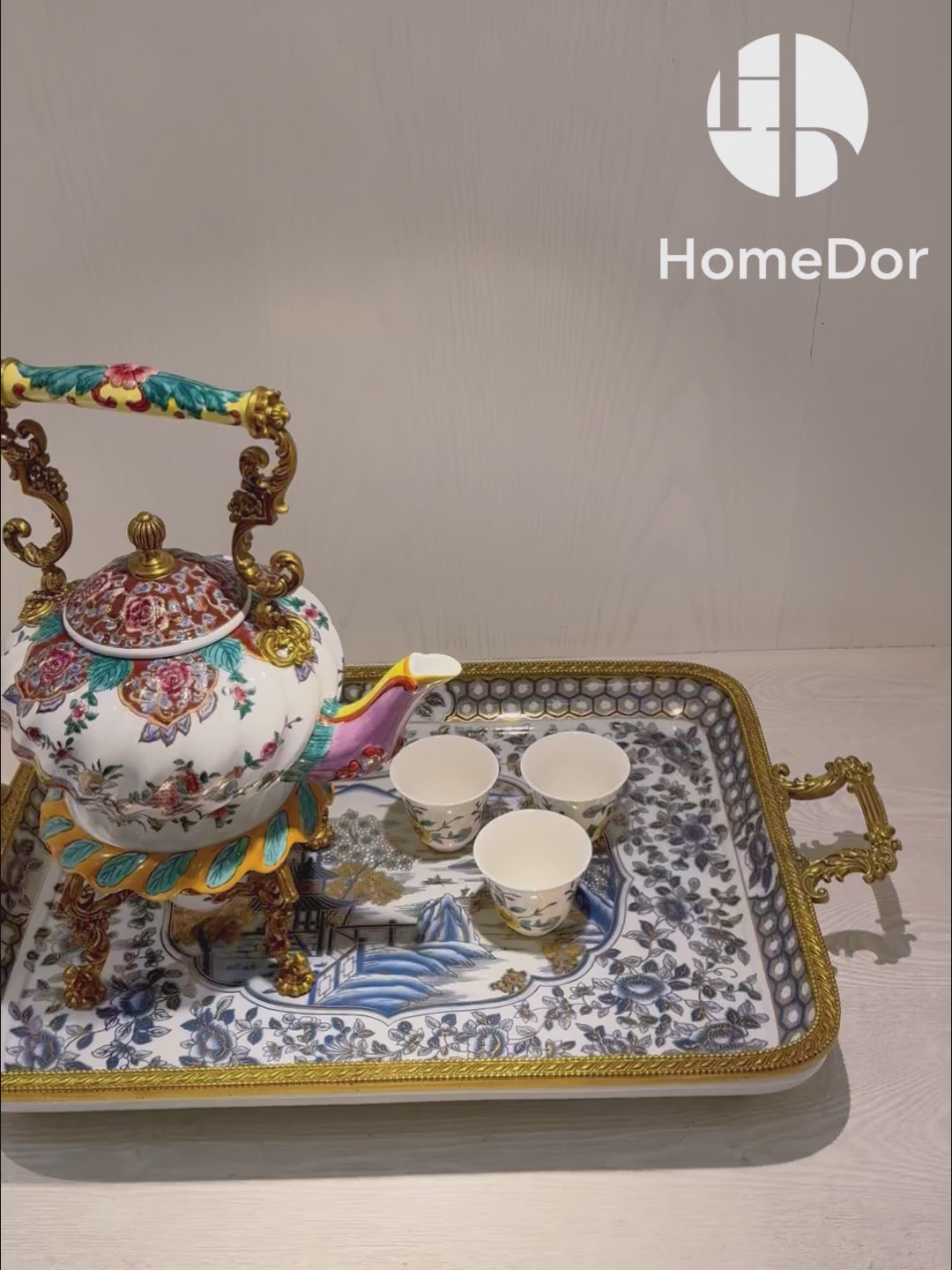 HomeDor × FH&Home |  Hand-Painted Floral Bird Ceramic Tea Set with Brass Accents