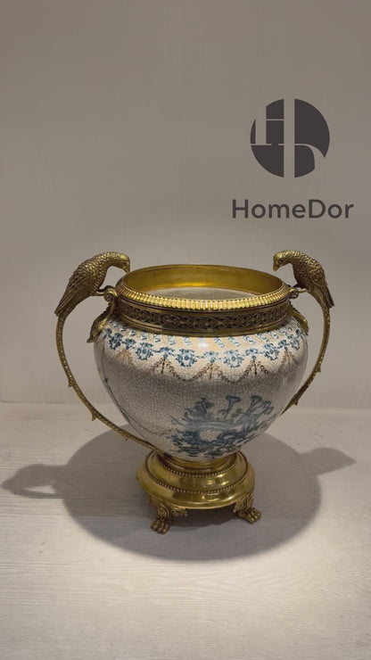 HomeDor × FH&Home | Exquisite Blue-and-White Porcelain Vase with Brass Bird Handles