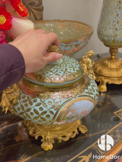 HomeDor Mint Green Baroque Copper-Cast Glass Engraved Table Decor