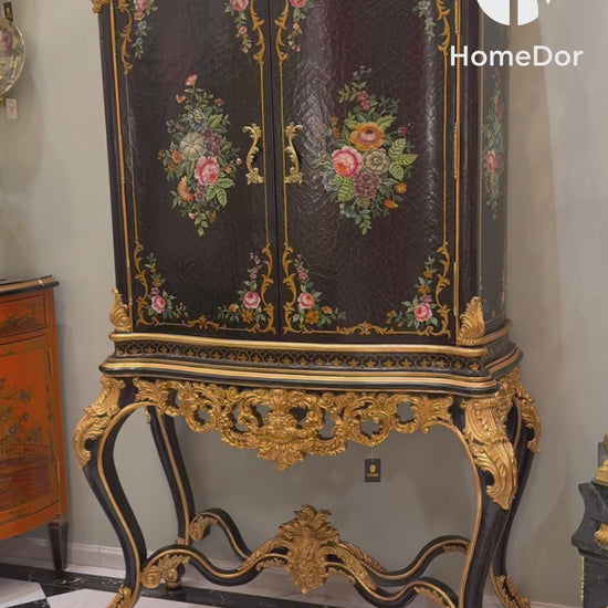 HomeDor × FH&Home | European - French Crackle Textured & Rose Painted Series Display Cabinet with Gilded Trim 