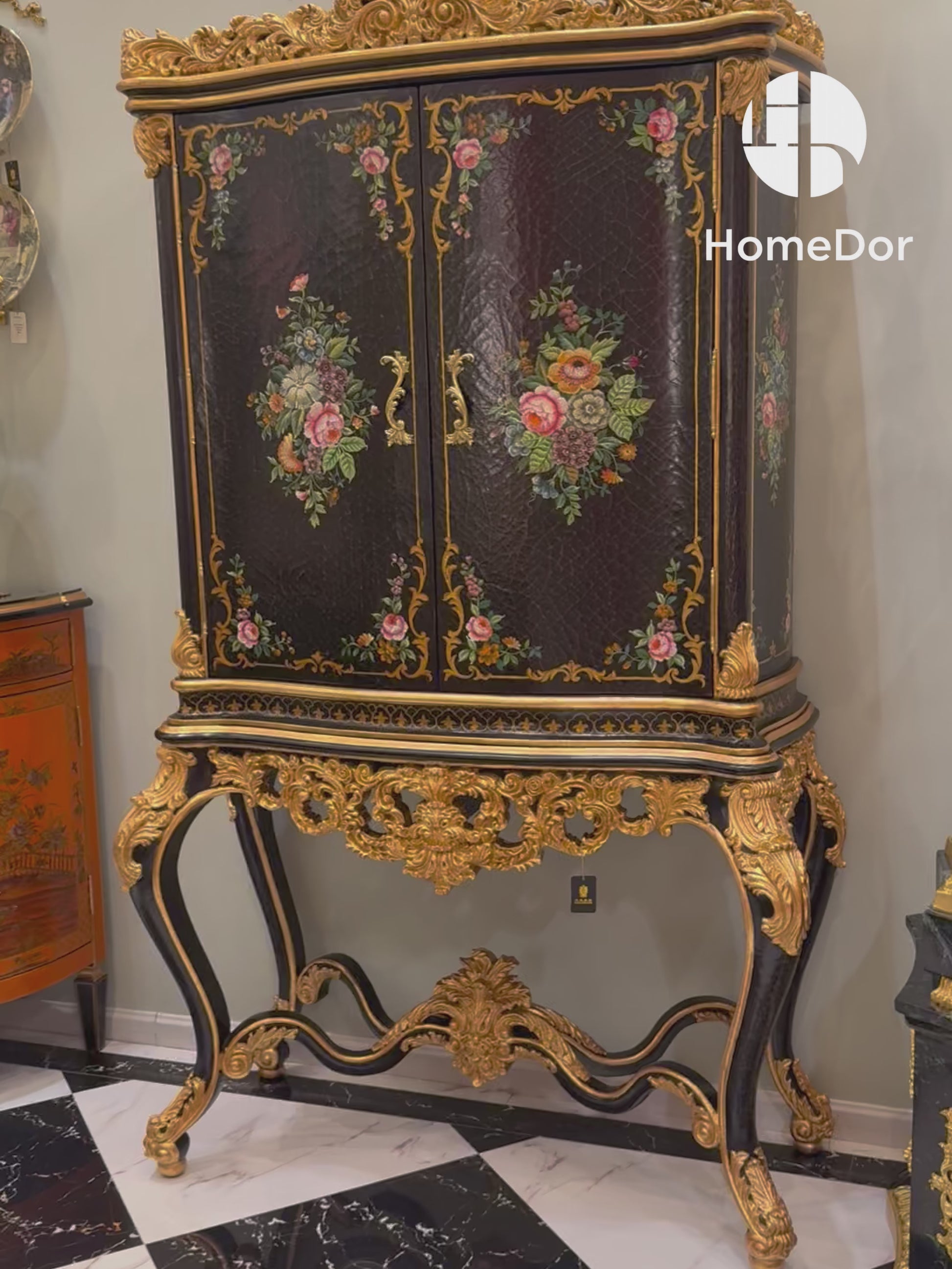HomeDor × FH&Home | European - French Crackle Textured & Rose Painted Series Display Cabinet with Gilded Trim 