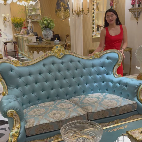 HomeDor × FH&Home | Floral Collection Corolla Carved Mahogany Silky Blue Sofa