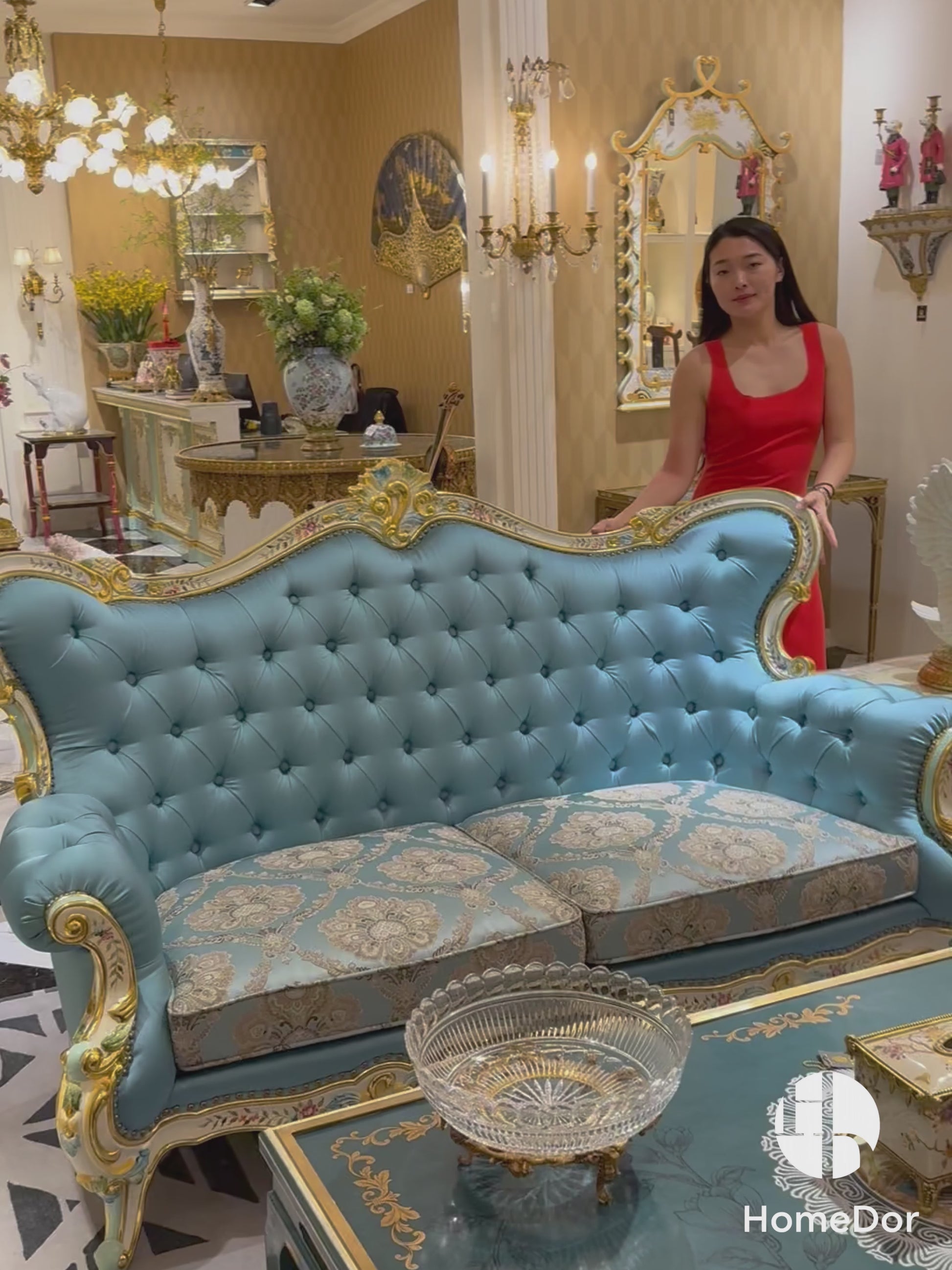 HomeDor × FH&Home | Floral Collection Corolla Carved Mahogany Silky Blue Sofa