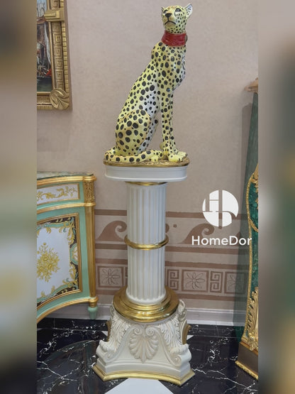 HomeDor × FH&Home | Classic European-Style Corinthian Cheetah Sculpture with Gold Pedestal