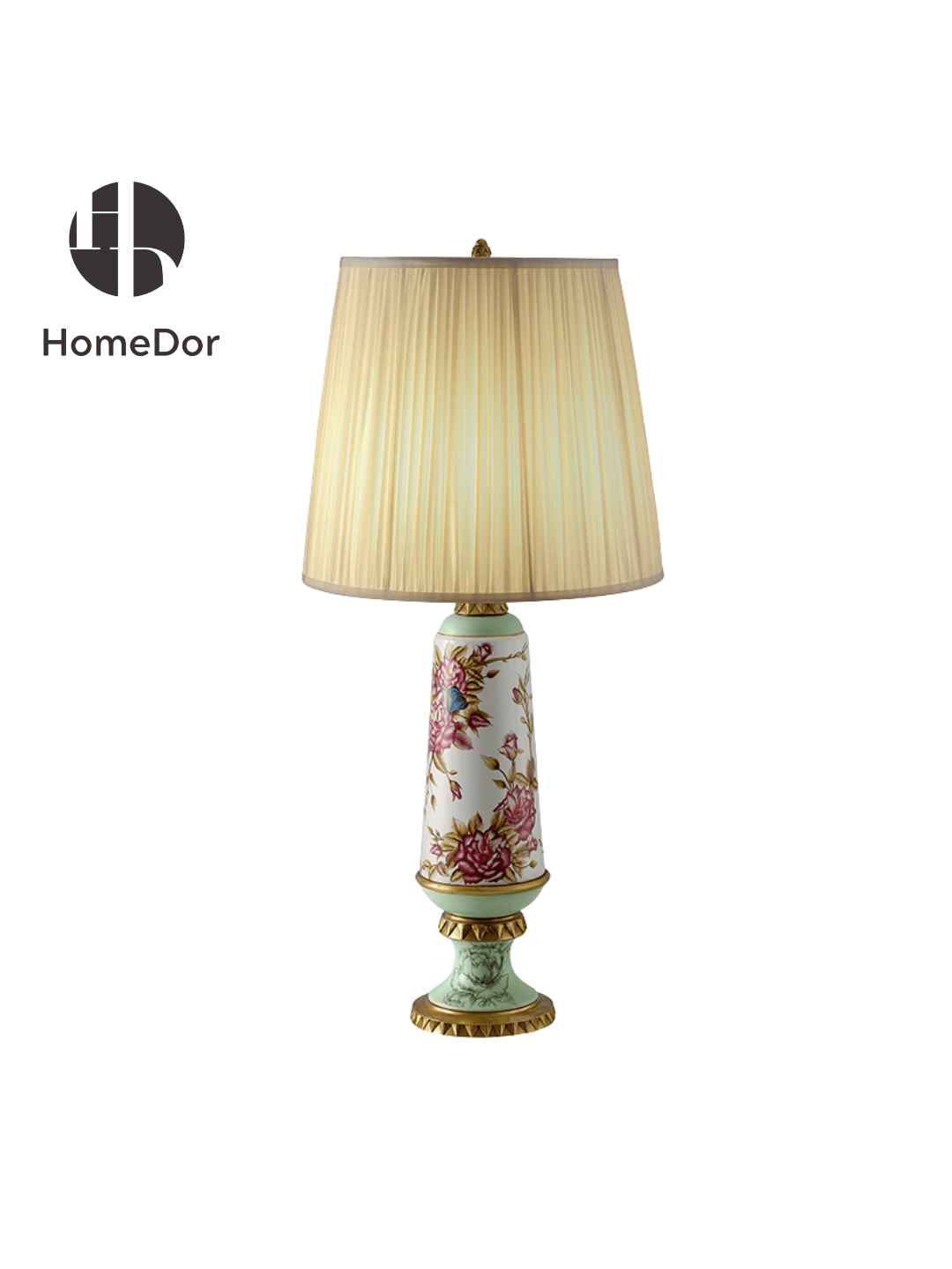 Porcelain table lamp base with pink roses and blue butterflies, ivory pleated shade