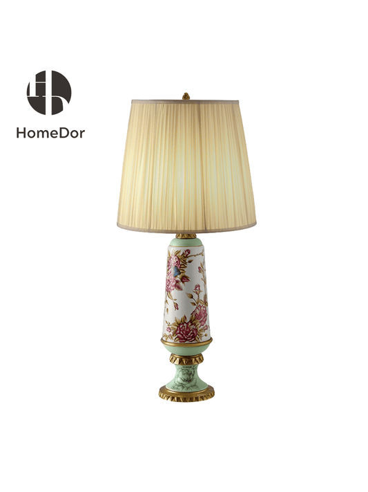 Porcelain table lamp base with pink roses and blue butterflies, ivory pleated shade