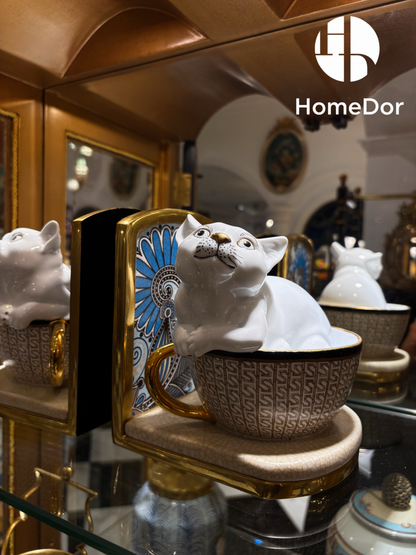 HomeDor Whimsical Tea Party Kitten Bookend