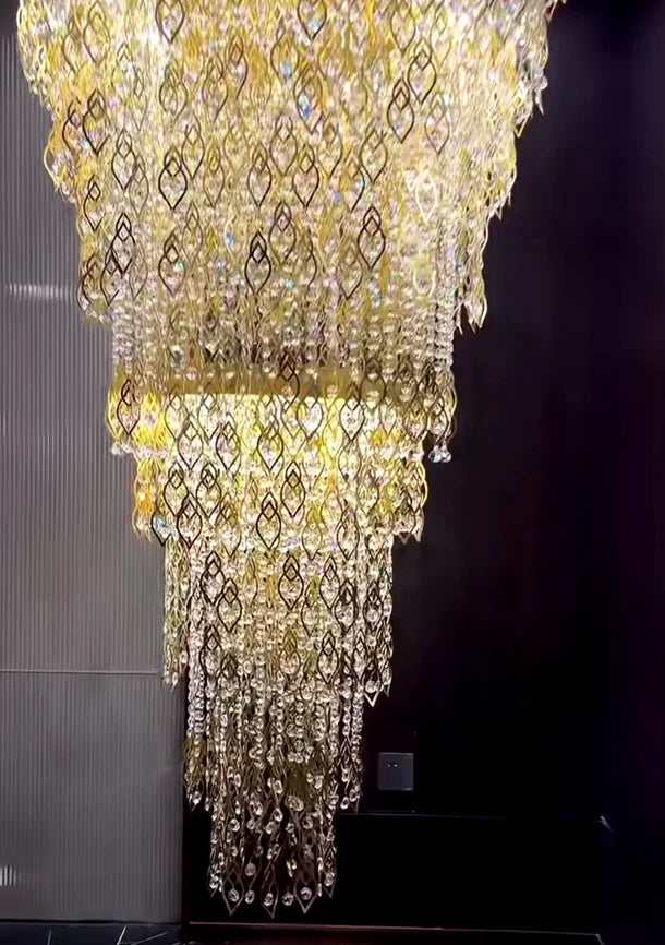HomeDor Luxury Multi-tiered Gold Feather Waterfall Crystal Chandelier